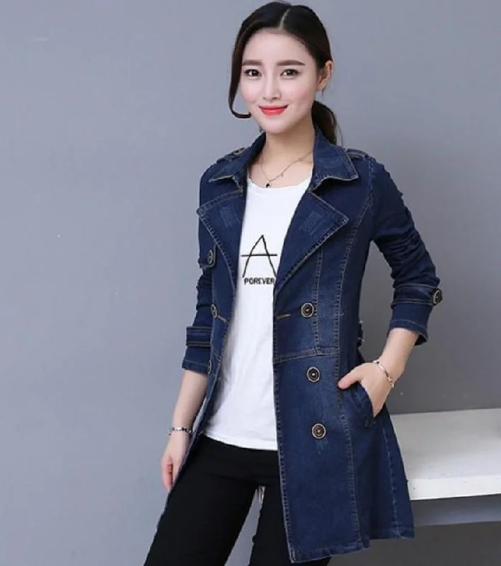 ladies' color-block jackets -Womens Double Breasted Slim Fit Denim Jacket