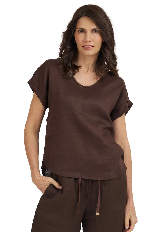 women's wrap blouses -Martina Chocolate Sand Washed Linen T-Shirt