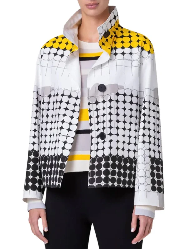 trendy cropped jackets for women -Skyscraper Facade Print Techno Taffeta Short Jacket In Cream/tin/yellow