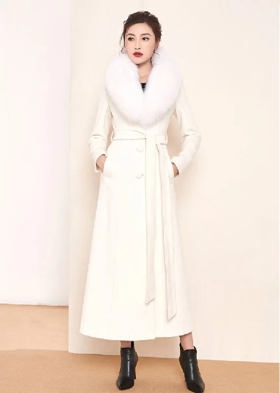 women's gothic-style coats -White Fox Fur Collar Single Breasted Belted Wool Blend Long Coat