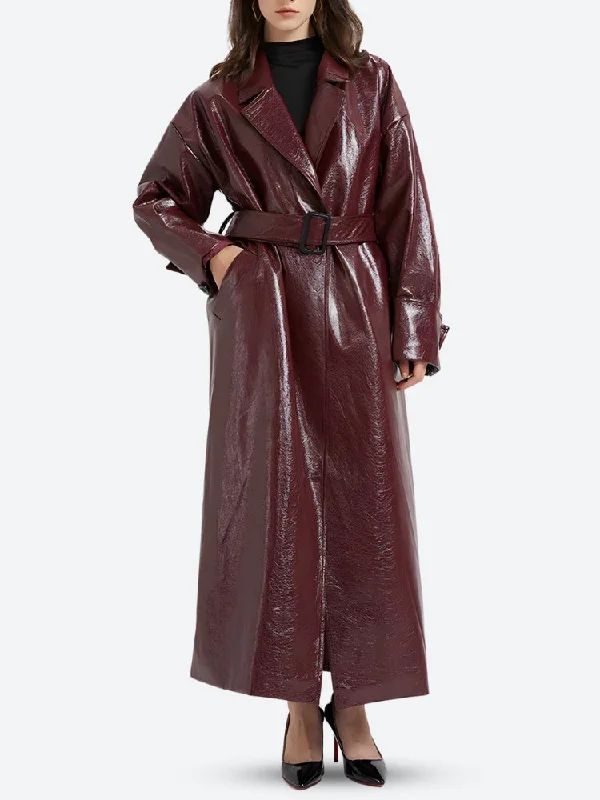 women's winter coats -Burgundy Faux Leather Coat