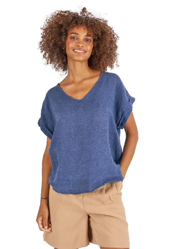 women's mock neck tops -Martina Blue Sand Washed Linen T-Shirt