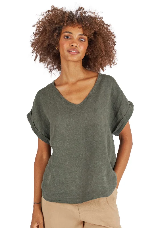 trendy asymmetric blouses for women -Martina Olive Green Sand Washed Linen T-Shirt