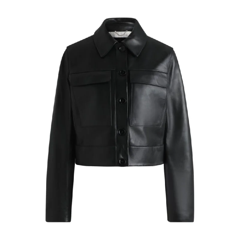 women's leather coats -Leather jacket with contrast cuffs and buttoned closure