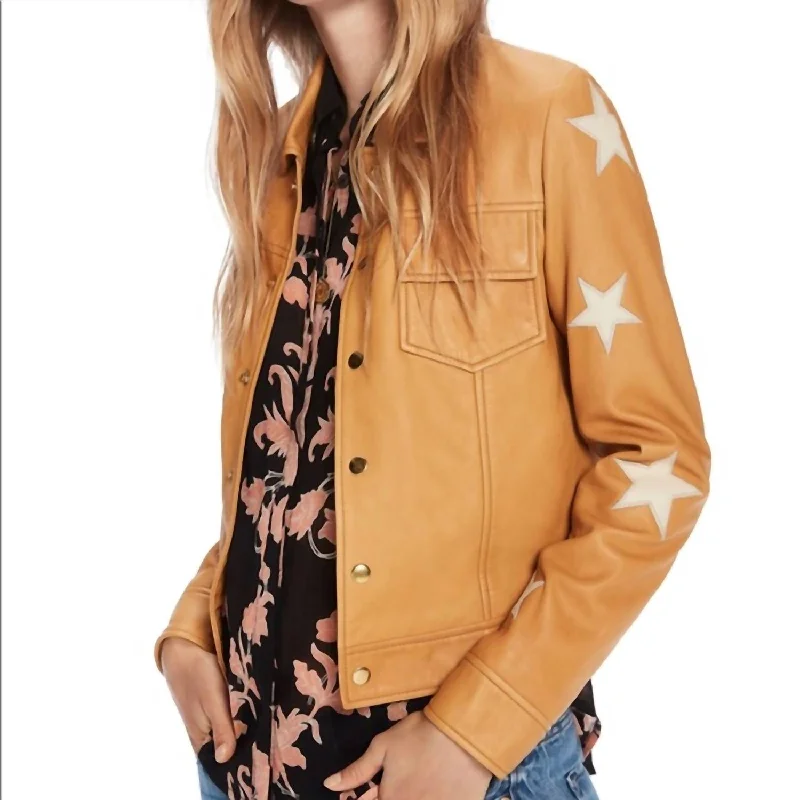 women's sherpa coats -Embroidered Leather Shirt Jacket In Sahara