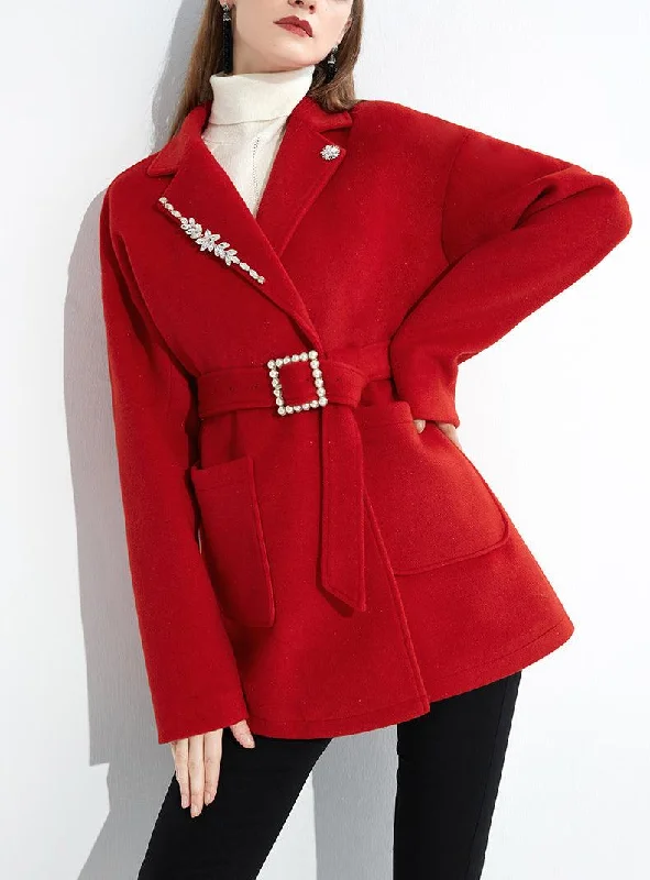 women's ribbed wool coats -Red Wool Blend Belted Coat