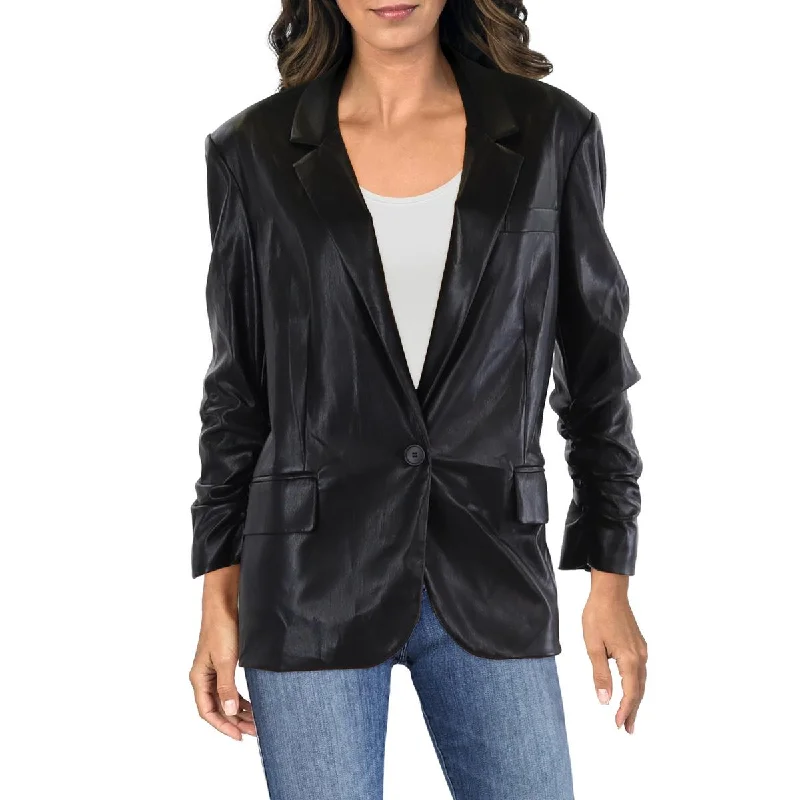 trendy biker-style jackets for women -Womens Pocket Collar Leather Jacket