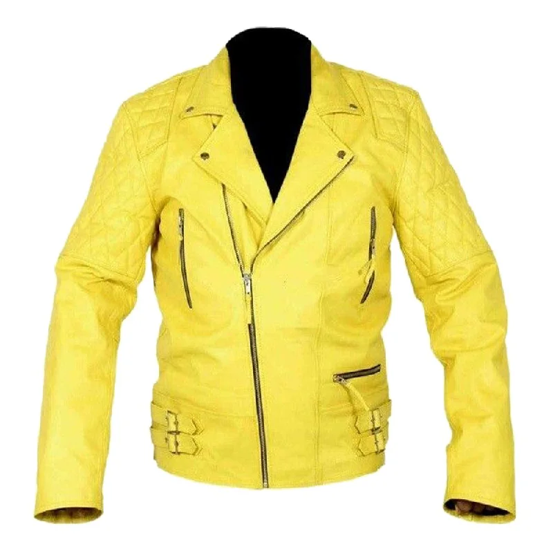 women's varsity jackets -Bold Rider Yellow Leather Jacket