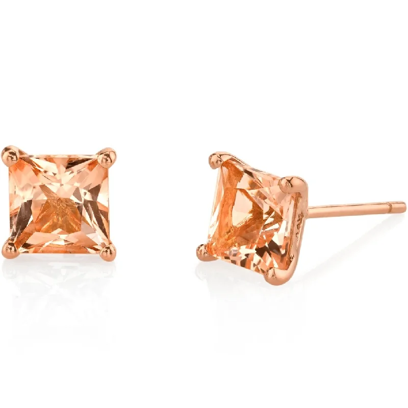 women's tiny huggie hoops -14k Rose Gold Morganite Stud Earrings 2 ct Princess Shape