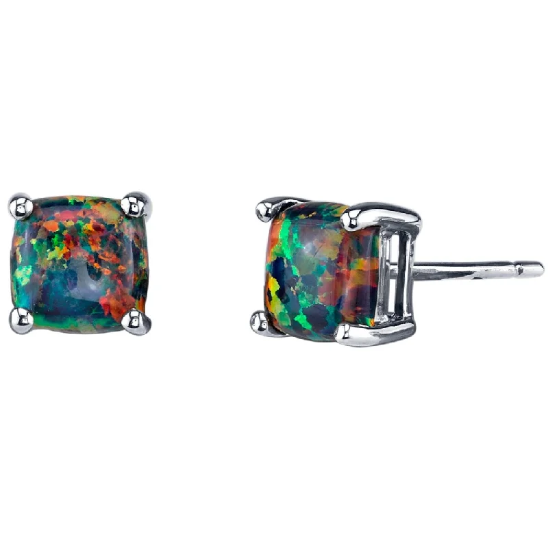 trendy punk-style earrings for women -14k White Gold Black Opal Stud Earrings 1 ct Cushion Shape