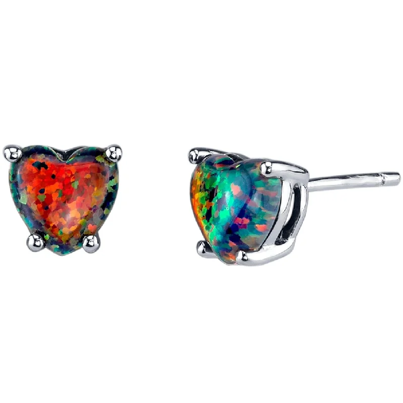 ladies' layered earrings -14k White Gold Black Opal Stud Earrings 1 ct Heart Shape