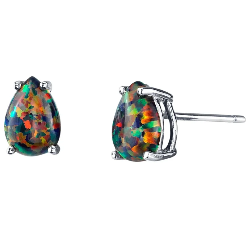 trendy punk-style earrings for women -14k White Gold Black Opal Stud Earrings 1 ct Pear Shape