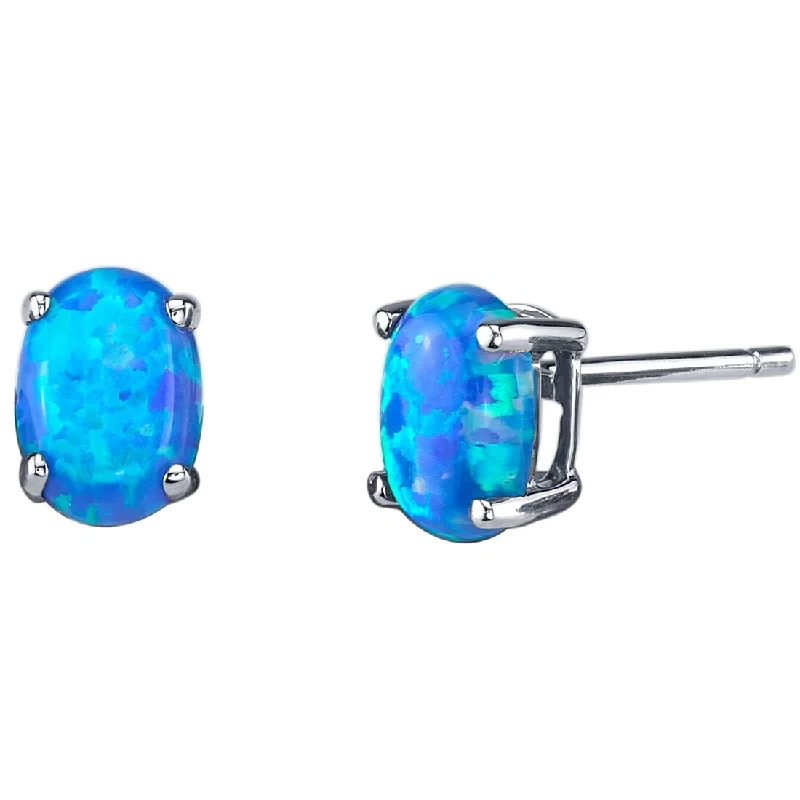 stylish emerald earrings for women -14k White Gold Blue Opal Stud Earrings 1 ct Oval Shape