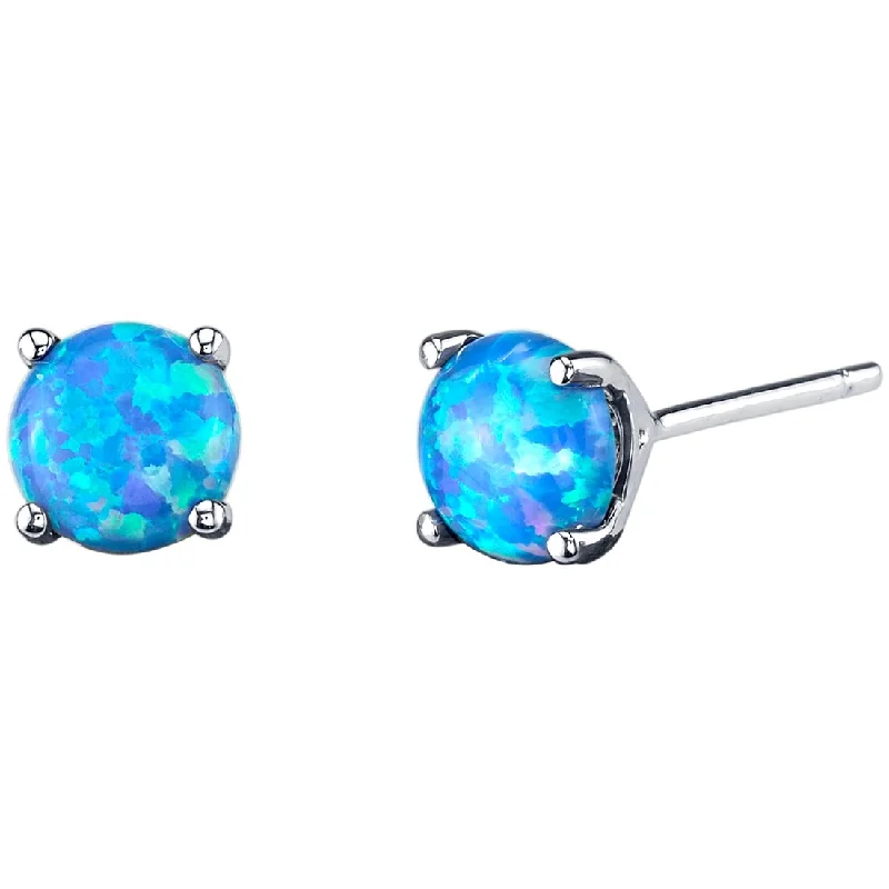 women's three-tone earrings -14k White Gold Blue Opal Stud Earrings 1 ct Round Shape