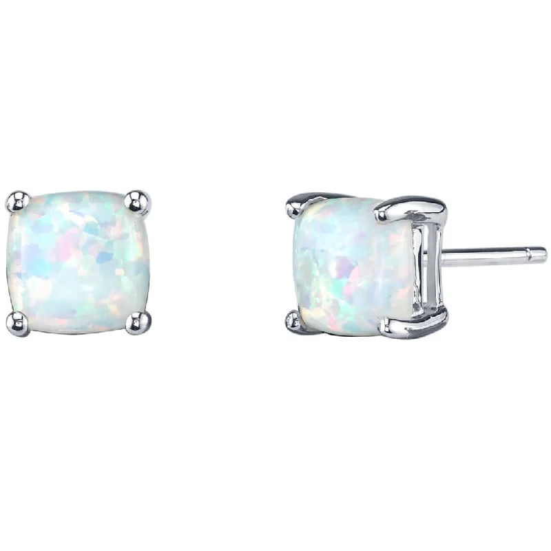 women's celestial drop earrings -14k White Gold White Opal Stud Earrings 1 ct Cushion Shape