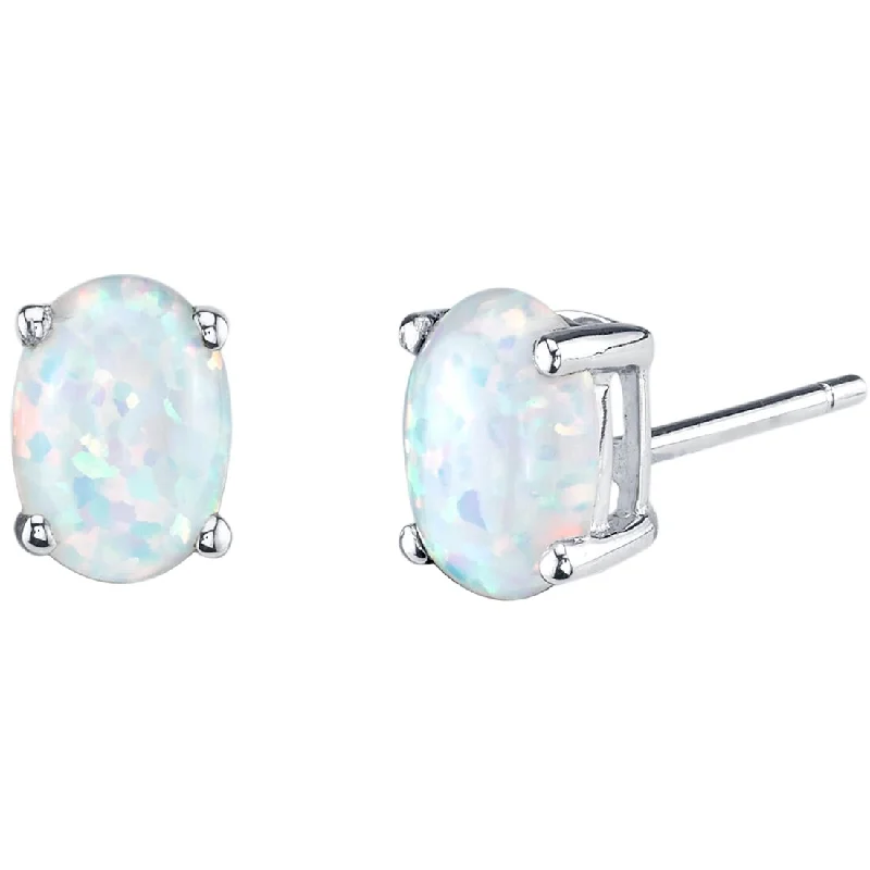 trendy oversized hoop earrings for women -14k White Gold White Opal Stud Earrings 1 ct Oval Shape