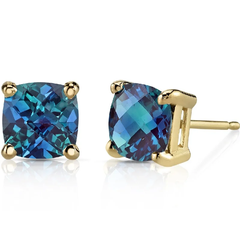 women's zircon earrings -14k Yellow Gold Alexandrite Stud Earrings 2.5 ct Cushion Shape