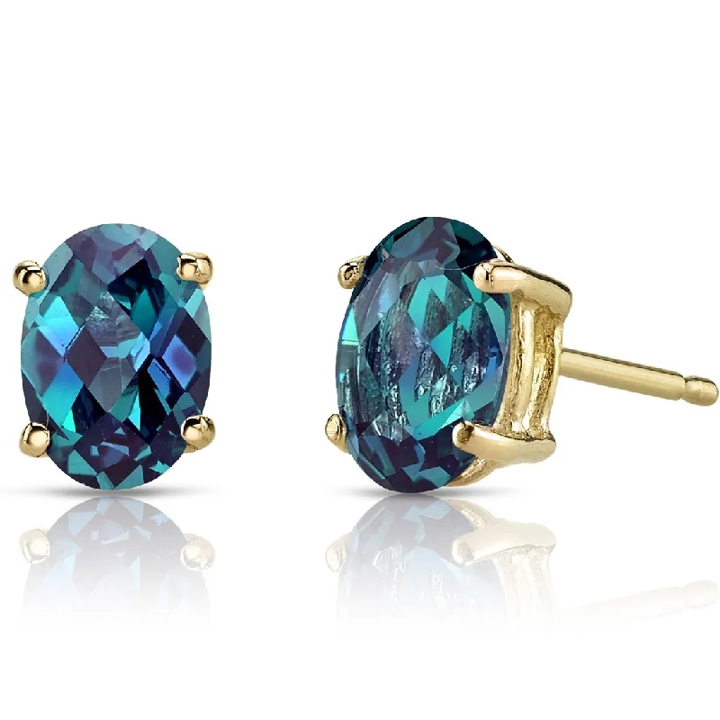 women's opal earrings -14k Yellow Gold Alexandrite Stud Earrings 2 ct Oval Shape