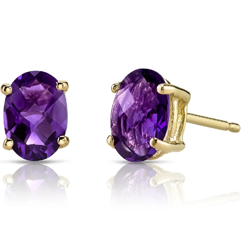 women's retro disco ball earrings -14k Yellow Gold Amethyst Stud Earrings 1.44 ct Oval Shape