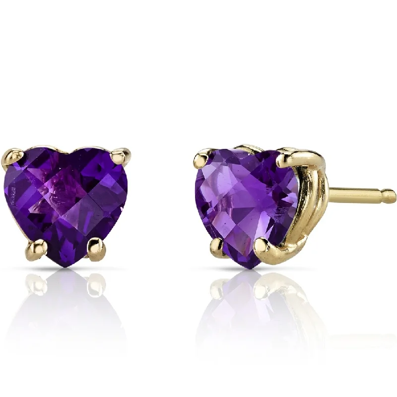 women's luxury diamond earrings -14k Yellow Gold Amethyst Stud Earrings 1.45 ct Heart Shape