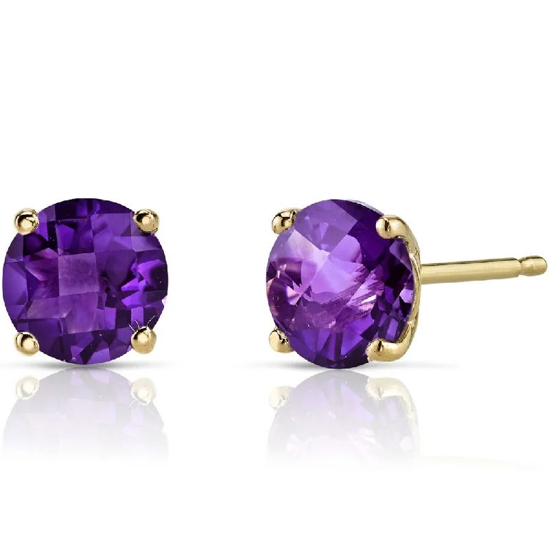 women's moonstone earrings -14k Yellow Gold Amethyst Stud Earrings 1.54 ct Round Shape