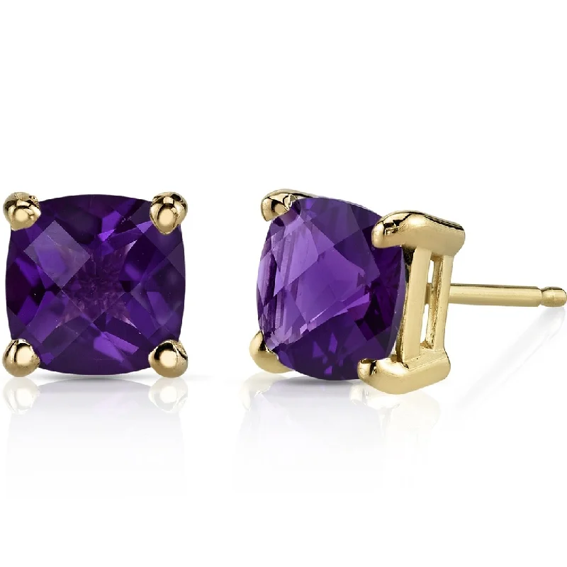 stylish pearl drop earrings for women -14k Yellow Gold Amethyst Stud Earrings 1.66 ct Cushion Shape