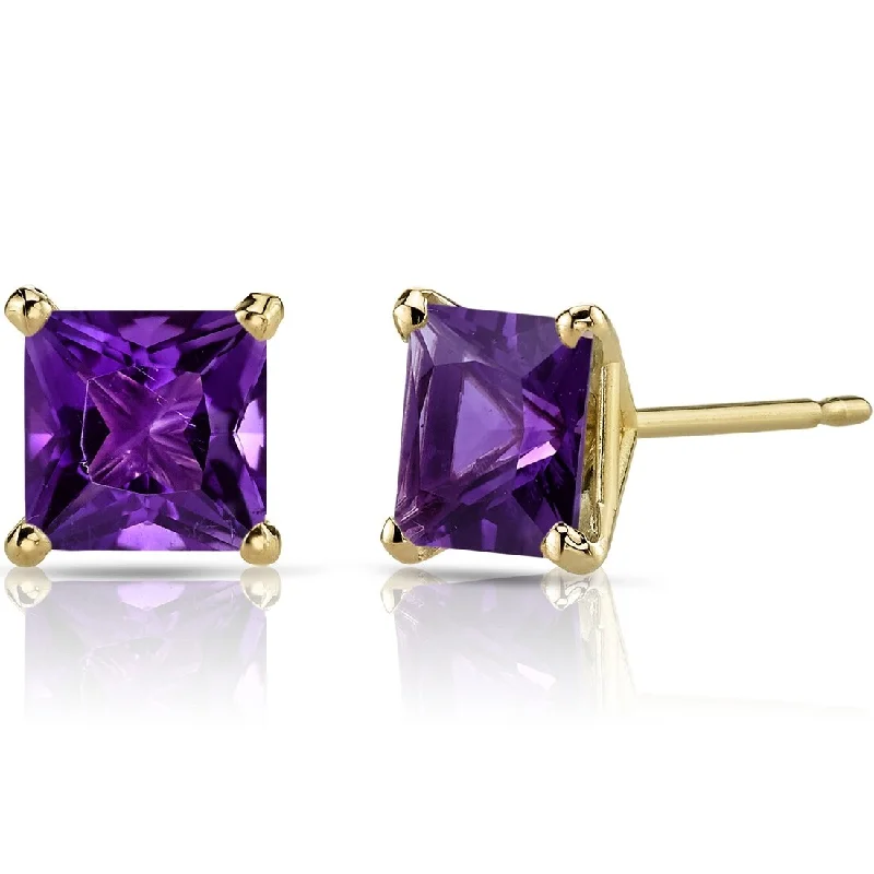 women's minimalist gold hoops -14k Yellow Gold Amethyst Stud Earrings 1.98 ct Princess Shape