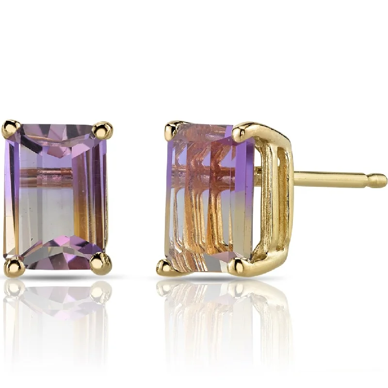 women's neon earrings -14k Yellow Gold Ametrine Stud Earrings 1.88 ct Emerald Shape