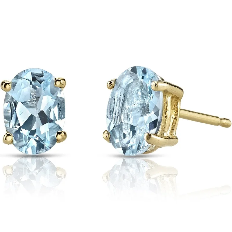 women's infinity earrings -14k Yellow Gold Aquamarine Stud Earrings 1.26 ct Oval Shape