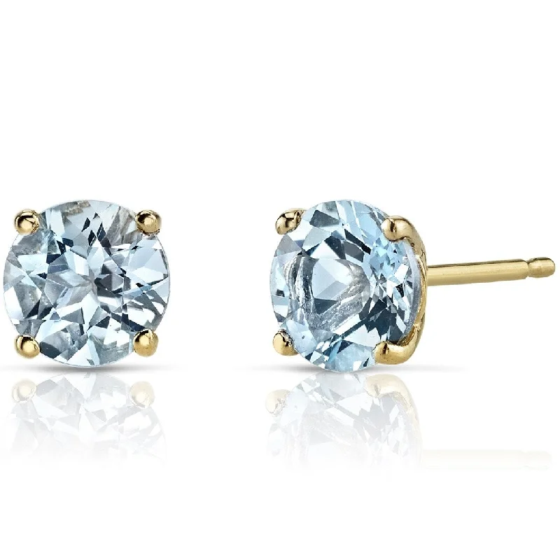 women's oversized statement earrings -14k Yellow Gold Aquamarine Stud Earrings 1.37 ct Round Shape