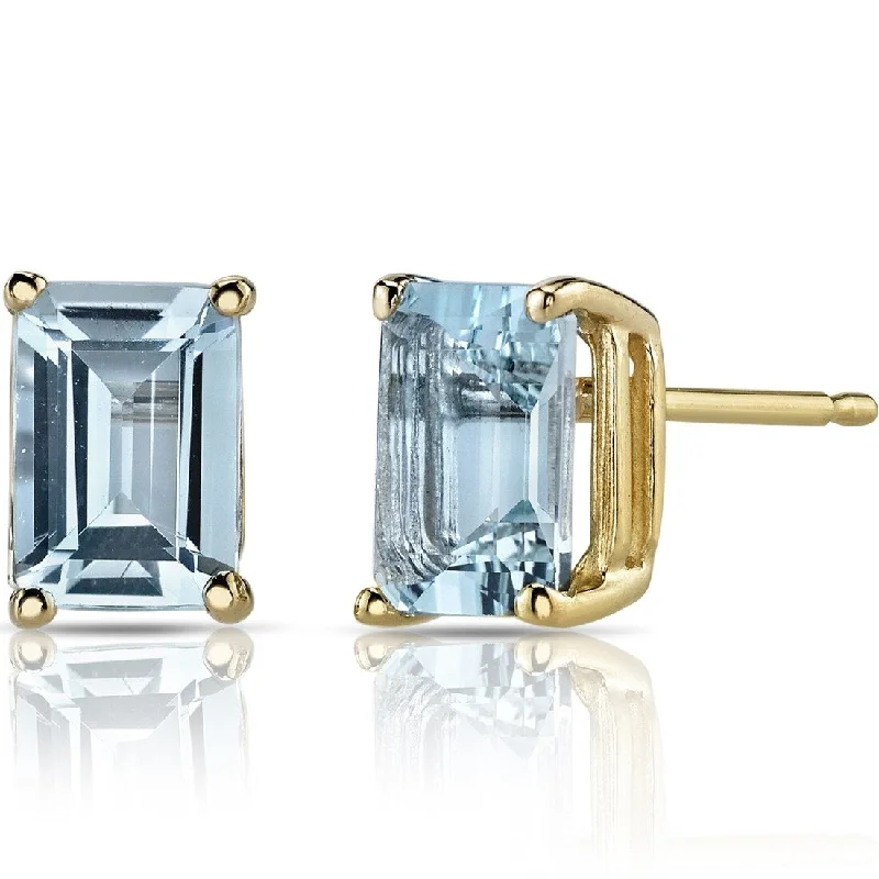 women's hoop earrings with charms -14k Yellow Gold Aquamarine Stud Earrings 1.62 ct Emerald Shape