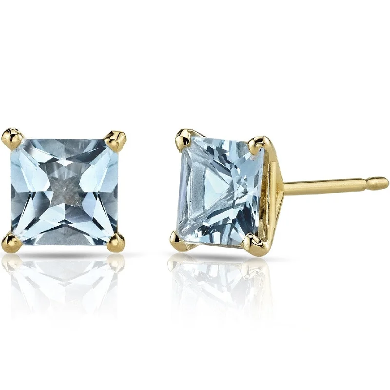 women's layered chain earrings -14k Yellow Gold Aquamarine Stud Earrings 1.71 ct Princess Shape