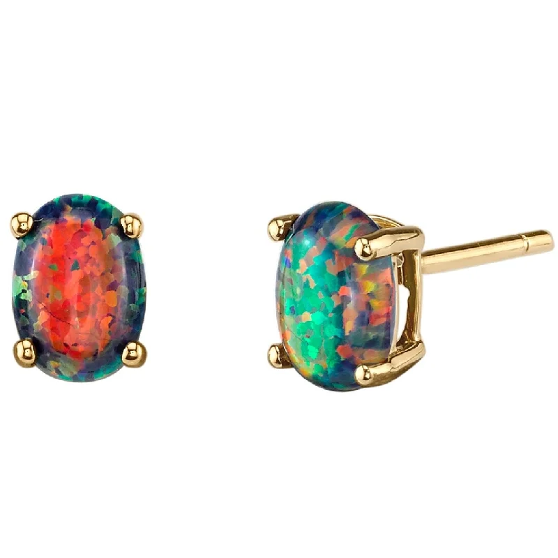 women's sunburst earrings -14k Yellow Gold Black Opal Stud Earrings 1 ct Oval Shape