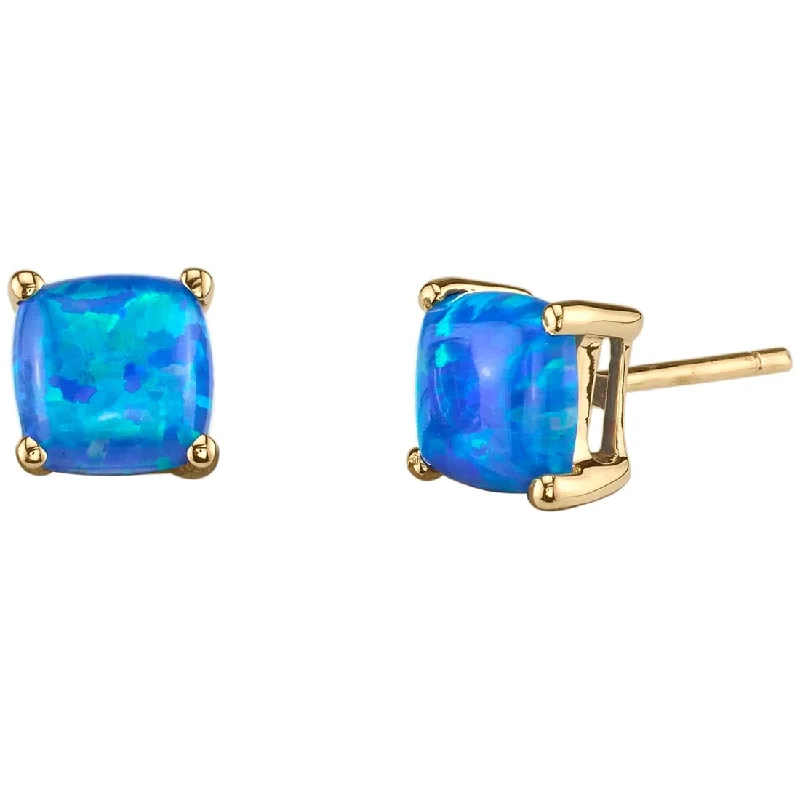 trendy bohemian earrings for women -14k Yellow Gold Blue Opal Stud Earrings 1 ct Cushion Shape