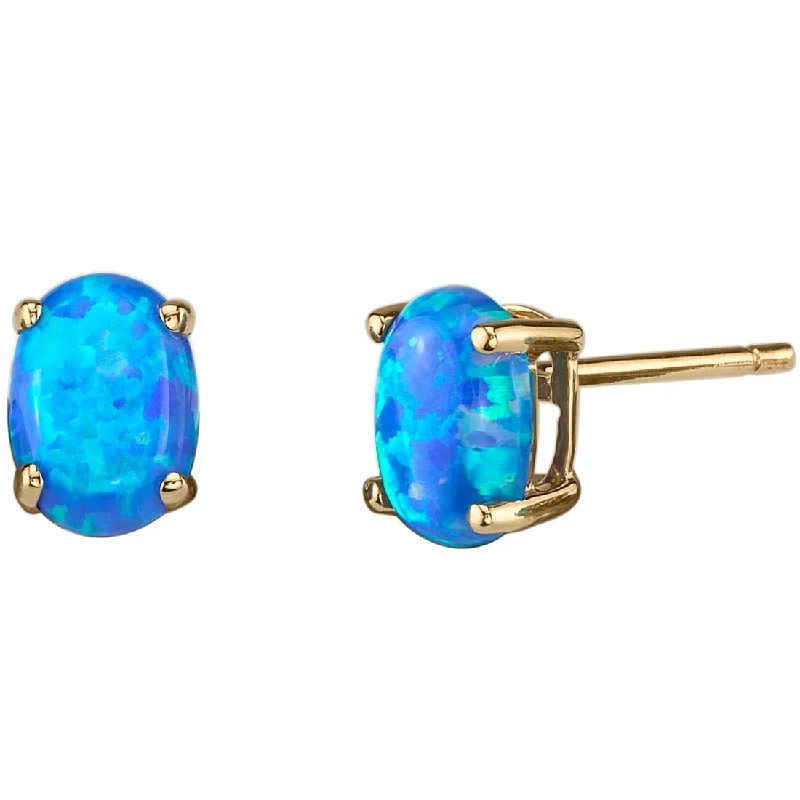 women's silver earrings -14k Yellow Gold Blue Opal Stud Earrings 1 ct Oval Shape