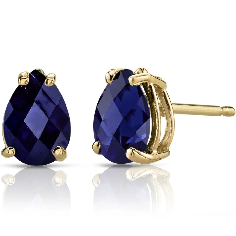 women's seashell drop earrings -14k Yellow Gold Blue Sapphire Stud Earrings 1.8 ct Pear Shape