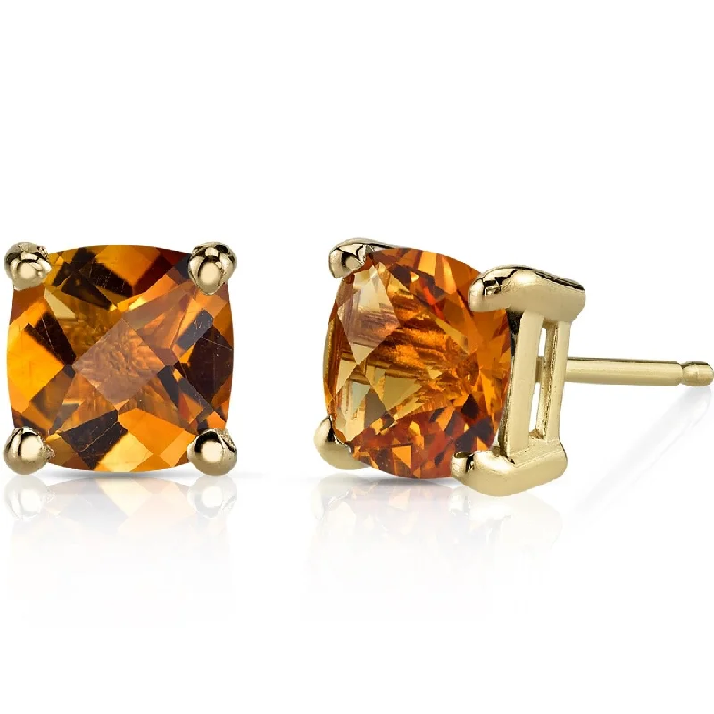 stylish vintage earrings for women -14k Yellow Gold Citrine Stud Earrings 1.7 ct Cushion Shape