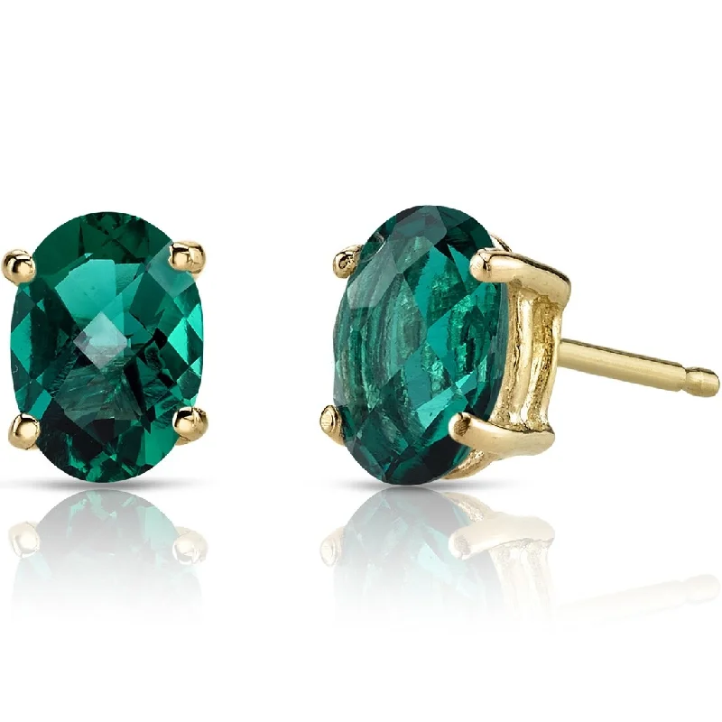 stylish emerald earrings for women -14k Yellow Gold Emerald Stud Earrings 1.47 ct Oval Shape