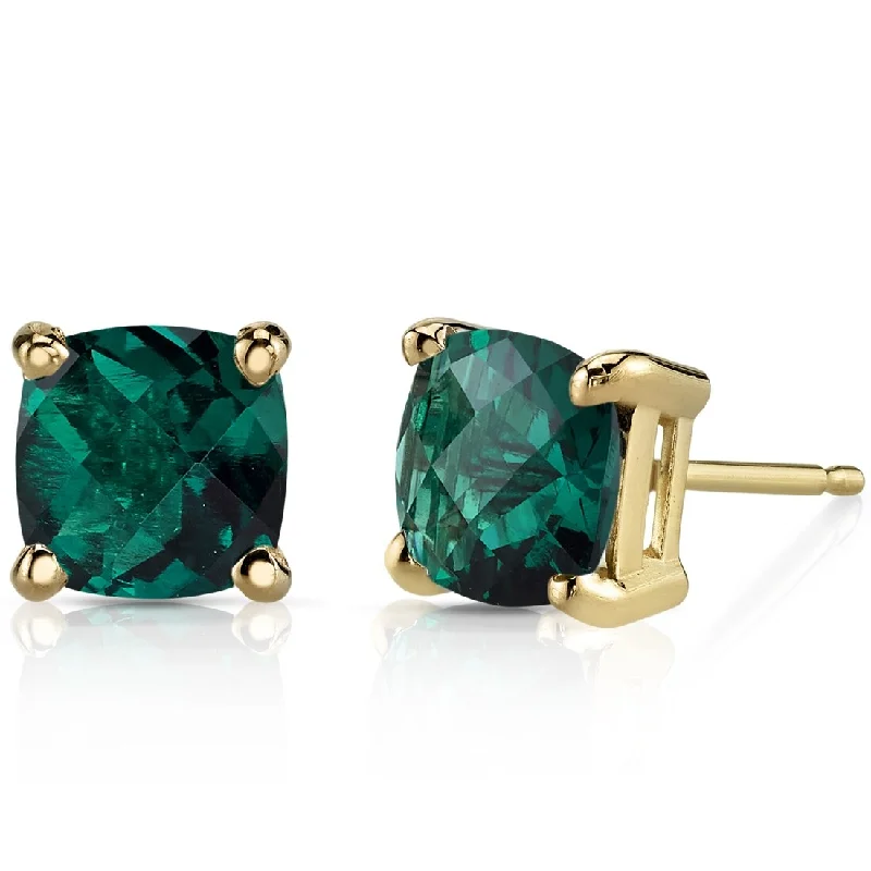 women's tiny huggie hoops -14k Yellow Gold Emerald Stud Earrings 1.72 ct Cushion Shape