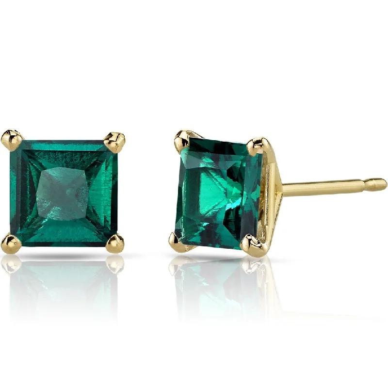 trendy celestial-themed earrings for women -14k Yellow Gold Emerald Stud Earrings 1.85 ct Princess Shape