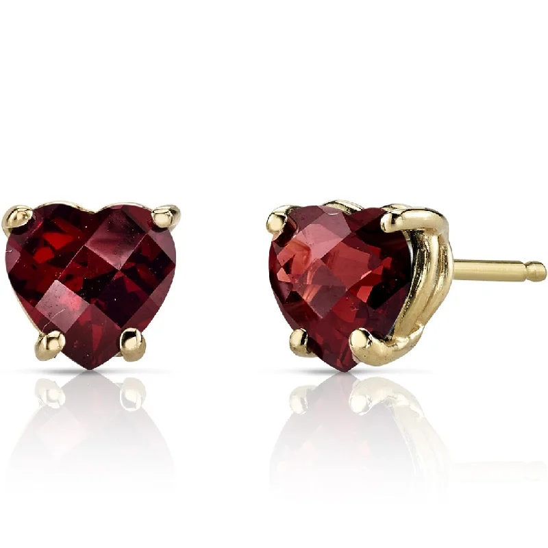 ladies' layered earrings -14k Yellow Gold Garnet Stud Earrings 1.74 ct Heart Shape