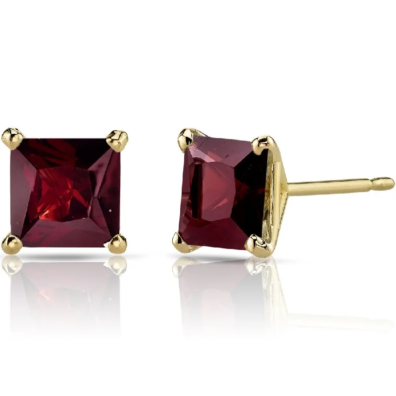 women's hammered metal earrings -14k Yellow Gold Garnet Stud Earrings 2.67 ct Princess Shape