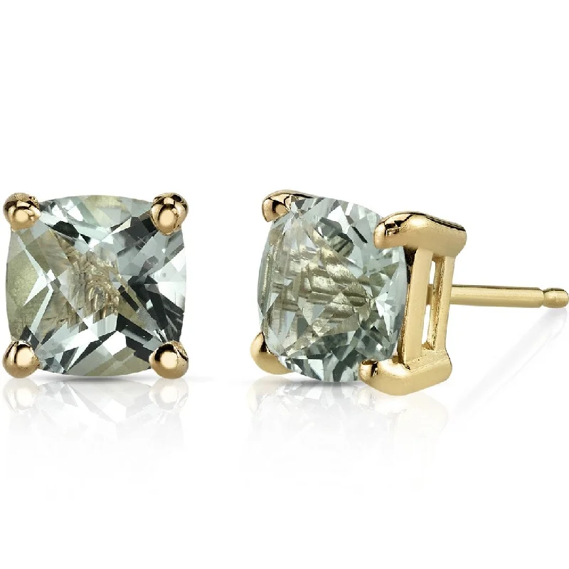 women's layered pearl earrings -14k Yellow Gold Green Amethyst Stud Earrings 1.65 ct Cushion Shape