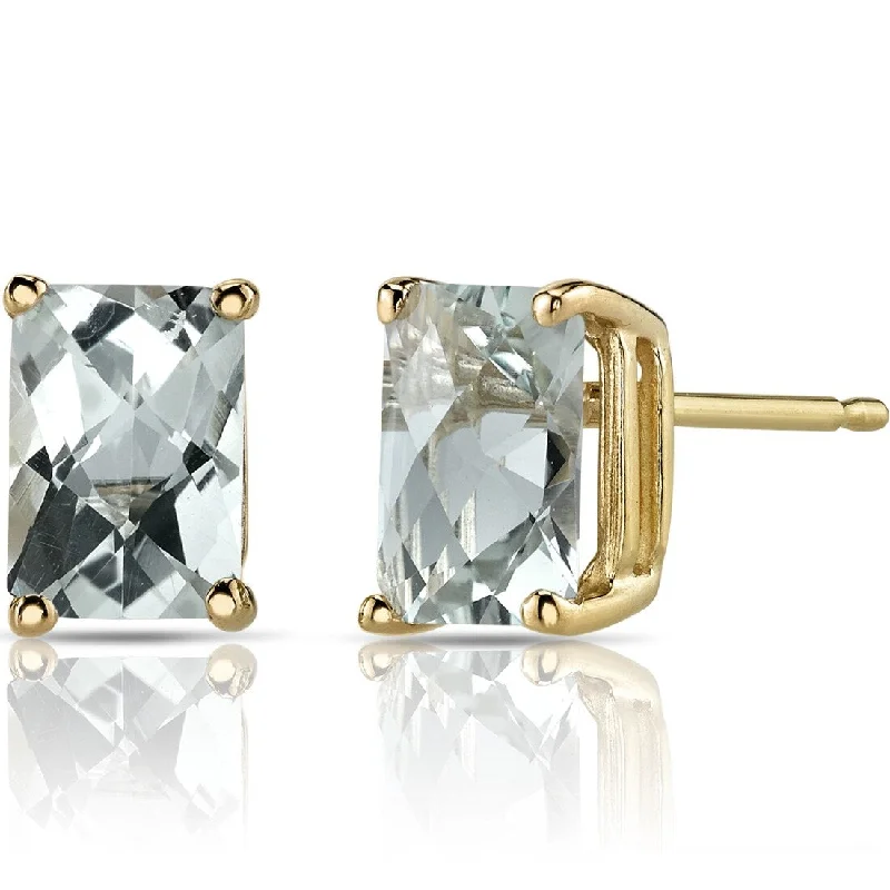 women's stud earrings -14k Yellow Gold Green Amethyst Stud Earrings 1.74 ct Radiant Shape