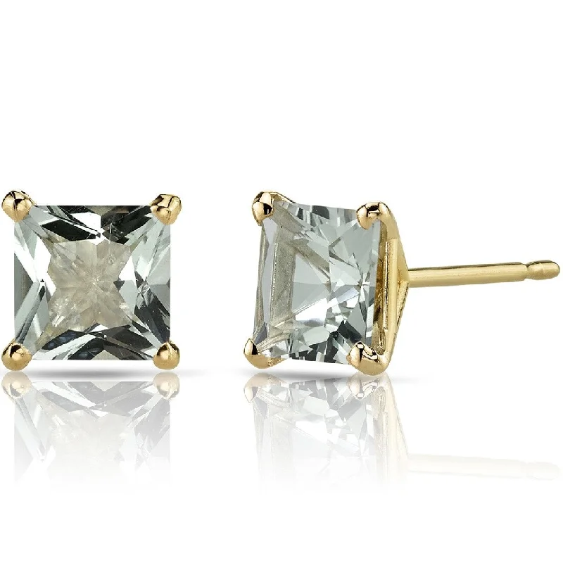 women's zodiac sign earrings -14k Yellow Gold Green Amethyst Stud Earrings 1.88 ct Princess Shape