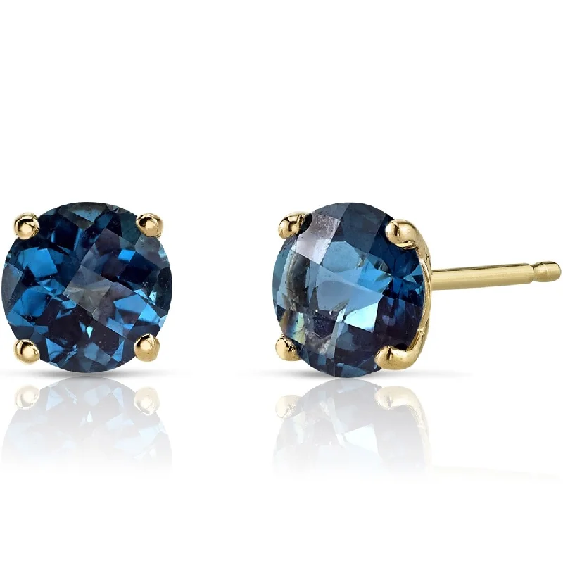 women's tiny huggie hoops -14k Yellow Gold London Blue Topaz Stud Earrings 1.96 ct Round Shape