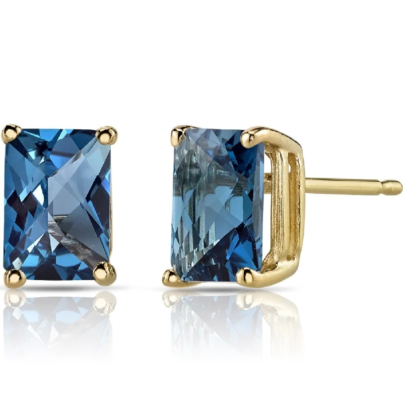 women's layered chain earrings -14k Yellow Gold London Blue Topaz Stud Earrings 2.24 ct Radiant Shape