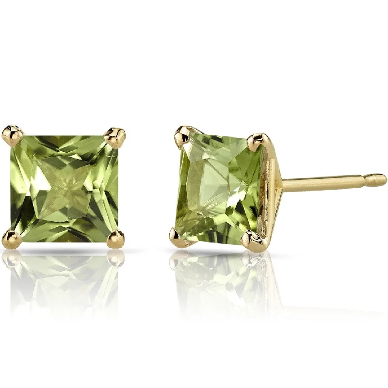 women's crystal earrings -14k Yellow Gold Peridot Stud Earrings 2.18 ct Princess Shape