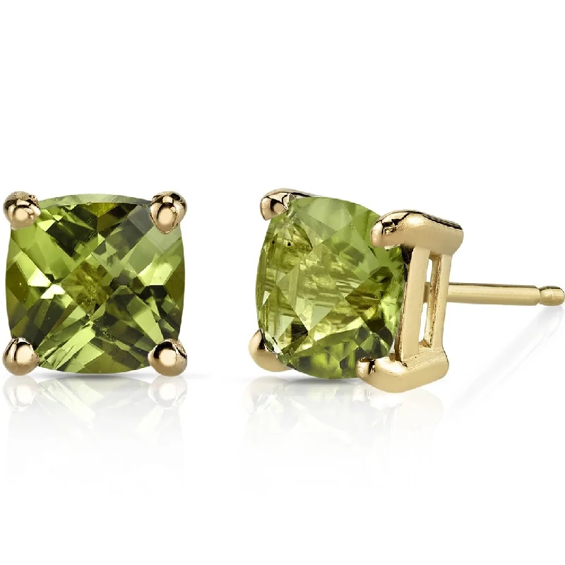 women's butterfly earrings -14k Yellow Gold Peridot Stud Earrings 2.24 ct Cushion Shape