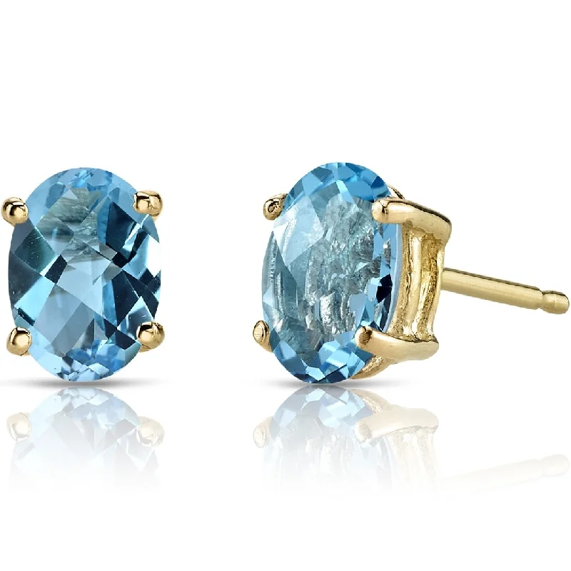 ladies' boho earrings -14k Yellow Gold Swiss Blue Topaz Stud Earrings 1.82 ct Oval Shape